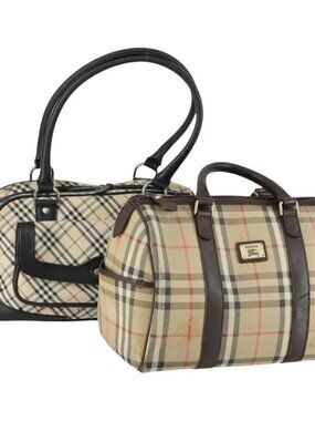 BURBERRY Nova Check Boston Bag Canvas Leather 2 Set Beige Auth bs31977